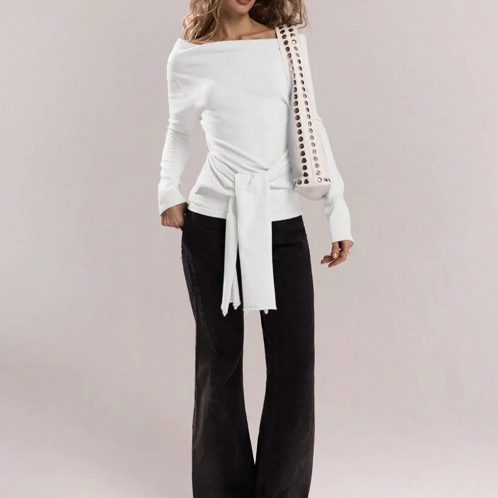White Casual Women's Elegant Off Shoulder Long Sleeve Twist Front Sweater